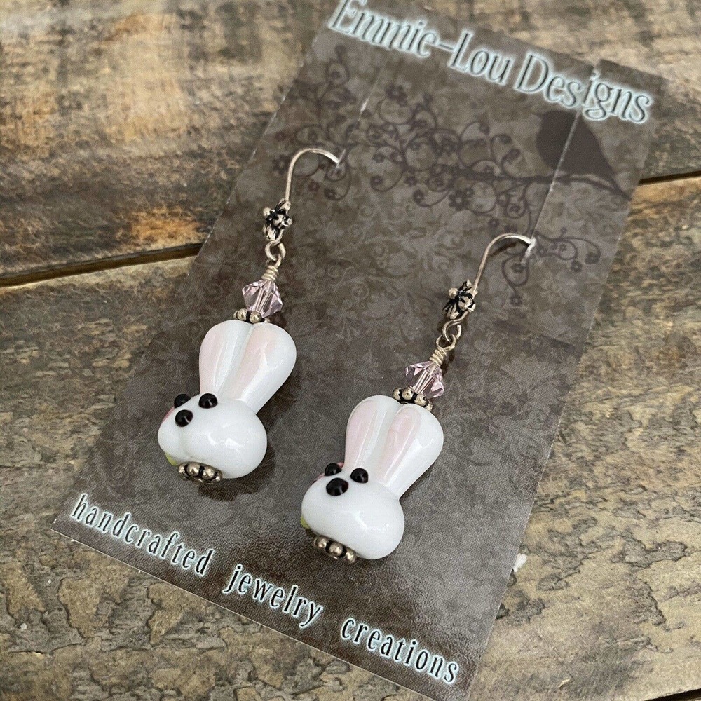 Silver Handmade Lampwork Crystals and Bunny Rabbit Faces Dangle Earrings